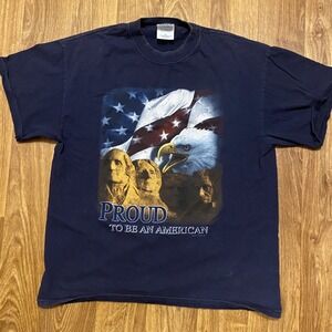 Vintage American Shirt Men Large Blue Mount Rushmore‎ Eagle USA Flag 2001